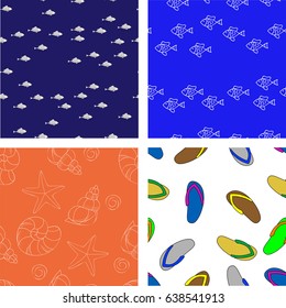 Vector seamless hand drawn background with shells, fishes. Vector