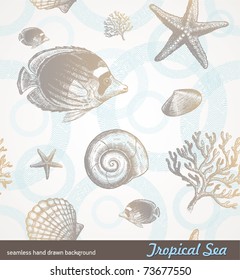 Vector seamless hand drawn background - underwater tropical fauna