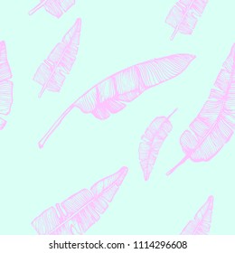 Vector seamless of hand drawn banana leaves. Vintage background with ink hand drawn leafs for invitations and gift cards.