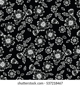Vector seamless hand drawn black and white floral pattern from garden flowers and leaves. For fabric, cloth design, wallpaper, printing