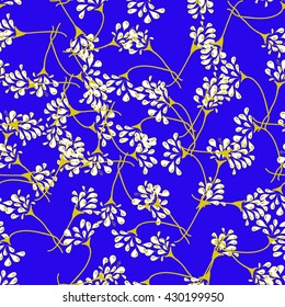 Vector seamless hand drawn blossom pattern on bright blue field.
