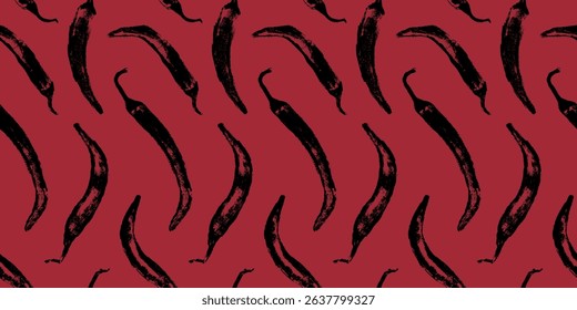 Vector seamless hand drawn chili pepper pattern. Spicy print for fabric, food packaging, kitchen textiles, and branding. Handmade style with textured brush effect.