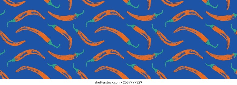 Vector seamless hand drawn chili pepper pattern. Spicy print for fabric, food packaging, kitchen textiles, and branding. Handmade style with textured brush effect.