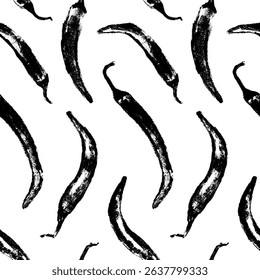Vector seamless hand drawn chili pepper pattern. Spicy print for fabric, food packaging, kitchen textiles, and branding. Handmade style with textured brush effect.
