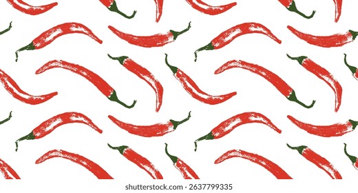 Vector seamless hand drawn chili pepper pattern. Spicy print for fabric, food packaging, kitchen textiles, and branding. Handmade style with textured brush effect.
