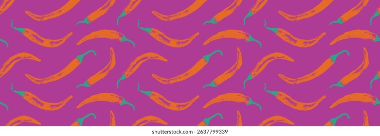 Vector seamless hand drawn chili pepper pattern. Spicy print for fabric, food packaging, kitchen textiles, and branding. Handmade style with textured brush effect.