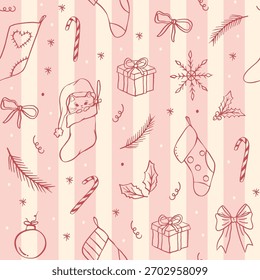 Vector seamless hand drawn Christmas pattern with different cute festive decorationsand pink lines on white background