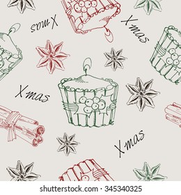 Vector Seamless Hand Drawn Christmas Background With Candle and Cinnamon.