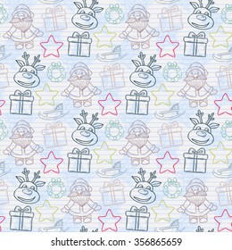 Vector  seamless Hand Drawn Christmas pattern with Santa Claus, gift, stars, reindeer, sleigh, Christmas wreath on the notebook sheet in line.New Year