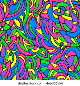 Vector seamless hand drawn colorful pattern. Abstract ornamental doodle background with zentangle elements. Bright and vivid summer background.
