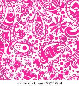 Vector seamless hand drawn colorful kawaii pattern with decorative elements. Oriental floral patterns, Turkish cucumber, concept for your design. Two colors, black, white