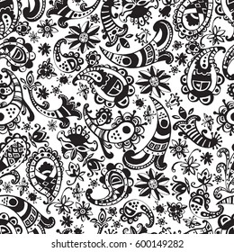 Vector seamless hand drawn colorful kawaii pattern with decorative elements. Oriental floral patterns, Turkish cucumber, concept for your design. Two colors, black, white