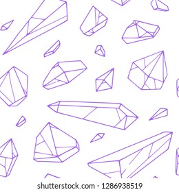 Vector seamless hand drawn crystal pattern. Set of violet mountain crystals  isolated on white background.  Perfect geometric texture for fabric and wrapping paper.