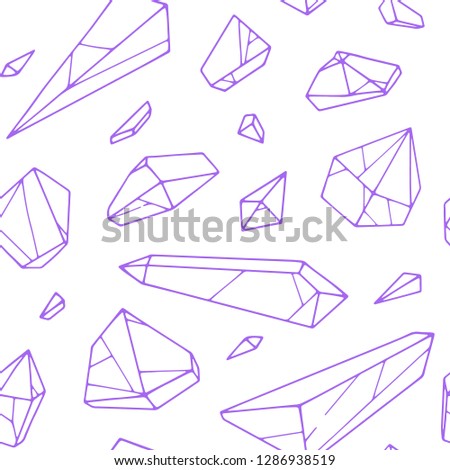 Vector seamless hand drawn crystal pattern. Set of violet mountain crystals  isolated on white background.  Perfect geometric texture for fabric and wrapping paper.