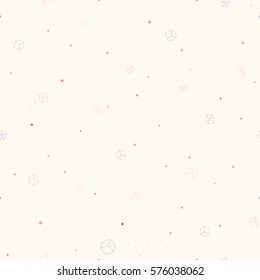 Vector seamless hand drawn cubes pattern. Multi-colored starry texture background. Flying cubes in space with tiny squares.