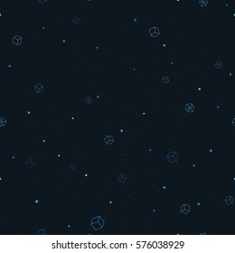 Vector seamless hand drawn cubes pattern. Multi-colored starry texture background. Flying cubes in space with tiny squares.