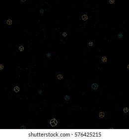 Vector seamless hand drawn cubes pattern. Multi-colored starry texture background. Flying transparent cubes in space.