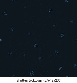 Vector seamless hand drawn cubes pattern. Multi-colored starry texture background. Flying transparent cubes in space.