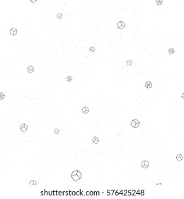 Vector seamless hand drawn cubes pattern. Layered starry texture background. Flying transparent cubes in monochrome. Black and white style.