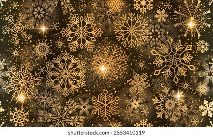 Vector seamless hand drawn dark golden winter pattern with vintage shine snowflakes and stars in retro style