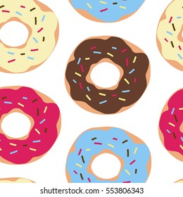 Vector seamless hand drawn donuts pattern. Bright colorful cartoon donuts on white background.