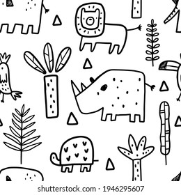 Vector seamless hand drawn doodle pattern with safari animals and tropical plants. Vector texture in childish style great for fabric and textile, wallpapers, backgrounds.