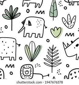 Vector seamless hand drawn doodle pattern with safari animals and tropical plants. Vector texture in childish style great for fabric and textile, wallpapers, backgrounds.