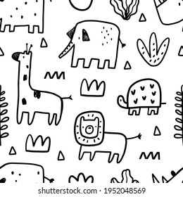 Vector seamless hand drawn doodle pattern with safari animals and tropical plants. Vector texture in childish style great for fabric and textile, wallpapers, backgrounds.