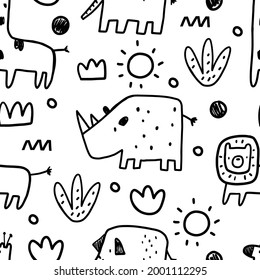 Vector seamless hand drawn doodle pattern with safari animals and tropical plants. Cute texture in childish style great for fabric and textile, wallpapers, backgrounds. Giraffe, lion, rhino, elephant.
