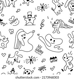 Vektor nahtlose handgezeichnete Doodle Muster mit verschiedenen Formen Tiere und abstrakten Elementen. Vektorgrafik im kalten Stil, ideal für Stoff und Textilien, Tapete, Hintergrund