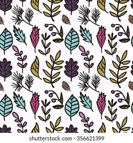 Vector seamless hand drawn doodle floral pattern. Foliage seamless pattern. Vector illustration.