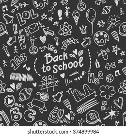 Vector seamless hand drawn doodle pattern with different school supplies. Back to school background. Kid's style. Good for wrapping paper, notebook covers and other printed works.