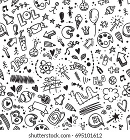 Vector seamless hand drawn doodle pattern. Back to school background. Kid's style. Good for wrapping paper, notebook covers and other printed works.