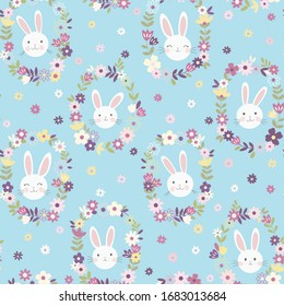 Vector seamless hand drawn Easter illustration. Cute cartoon bunnies in flower wreaths. Festive spring baby pattern with rabbits can be used for fabric, printing, packaging and other. Blue background.