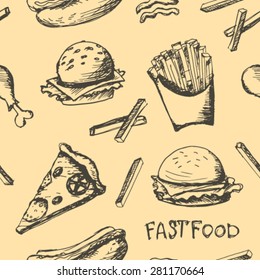 Vector seamless hand drawn fastfood pattern