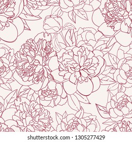 Vector seamless hand drawn floral pattern with bouquets of outline burgundy peony flowers on pink background 