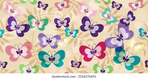 Vector seamless hand drawn floral pattern with colorful butterflies and leaves. Bokeh.