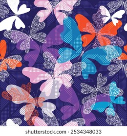 Vector seamless hand drawn floral pattern with butterflies and dots