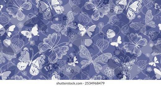 Vector seamless hand drawn floral violet pattern with butterflies and leaves
