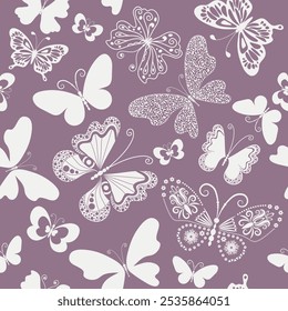 Image vectorielle motif floral bicolore harmonieux dessiné à la main avec des papillons blancs 