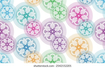 Vector seamless hand drawn floral rainbow pattern with flowers on a transparent background