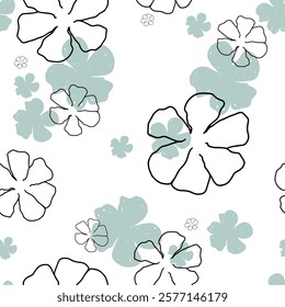 Vector seamless hand drawn floral pattern light teal flowers and black outlines with a fresh design appeal vector illustration