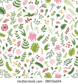 Vector seamless hand drawn floral pattern - flowers, branches, leaves. Good as elements for different seasonal wreaths, decorative borders and frames.