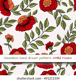 Vector seamless hand drawn floral pattern from striped leaves and wild roses. For fabric, cloth design, wallpaper