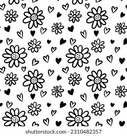 Vector seamless hand drawn flowers and hearts pattern. Floral card with leaves Isolated on white background.