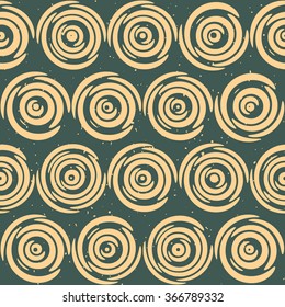 Vector Seamless Hand Drawn Geometric Lines Circular Round Tiles Retro Grungy Green Tan Color Pattern Abstract Background