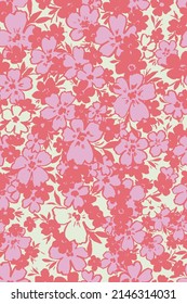 vector seamless hand drawn graphic naive ditsy floral pattern in three colors. Stylized flowers with leaves with negative space. Multidirectional allover design.