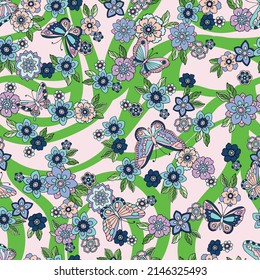vector seamless hand drawn graphical retro floral pattern with leaves and butterflies on swirling lines at the background. Multidirectional vintage design with flowers. all elements are editable - Shutterstock ID 2146325493