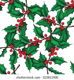 Vector seamless hand drawn Holly pattern. Christmas mistletoe vintage illustration. Christmas and holiday decor.