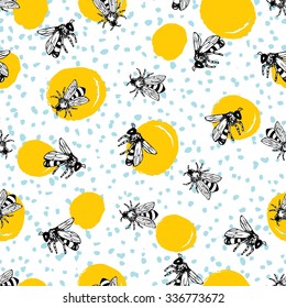 Vector seamless hand drawn honey bee pattern. Graphic illustration.
